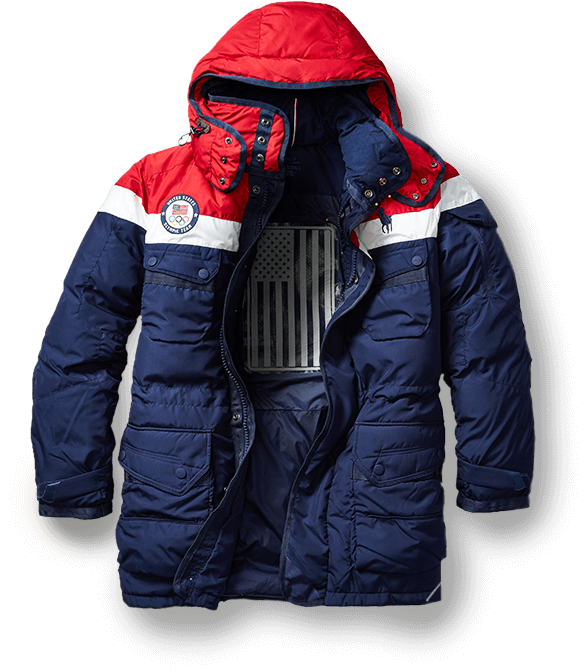 Red, white & blue heated down parka against snowy mountain background