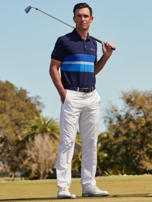 Billy Horschel in white pants & blue striped Polo shirt